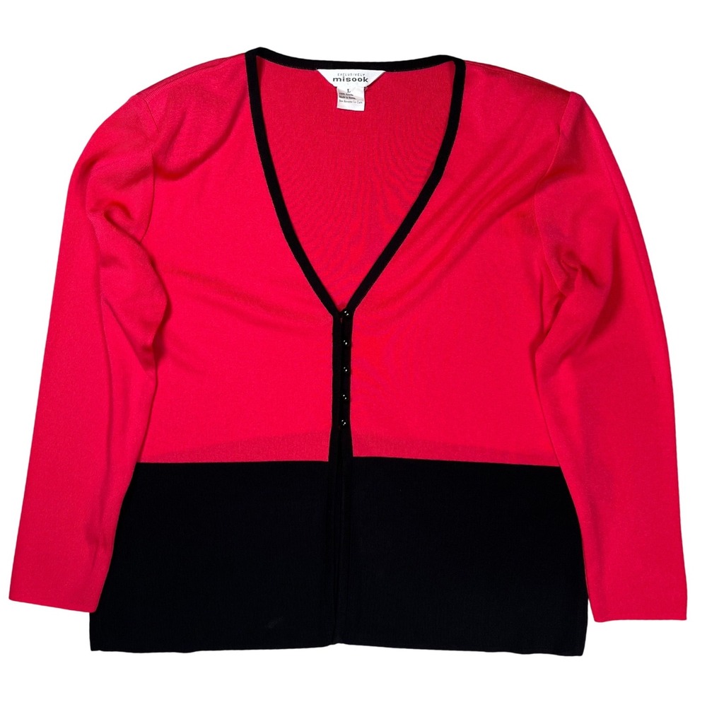 Misook Cardigan Women Large Red Black Colorblock V-Neck Button Front Knit Office